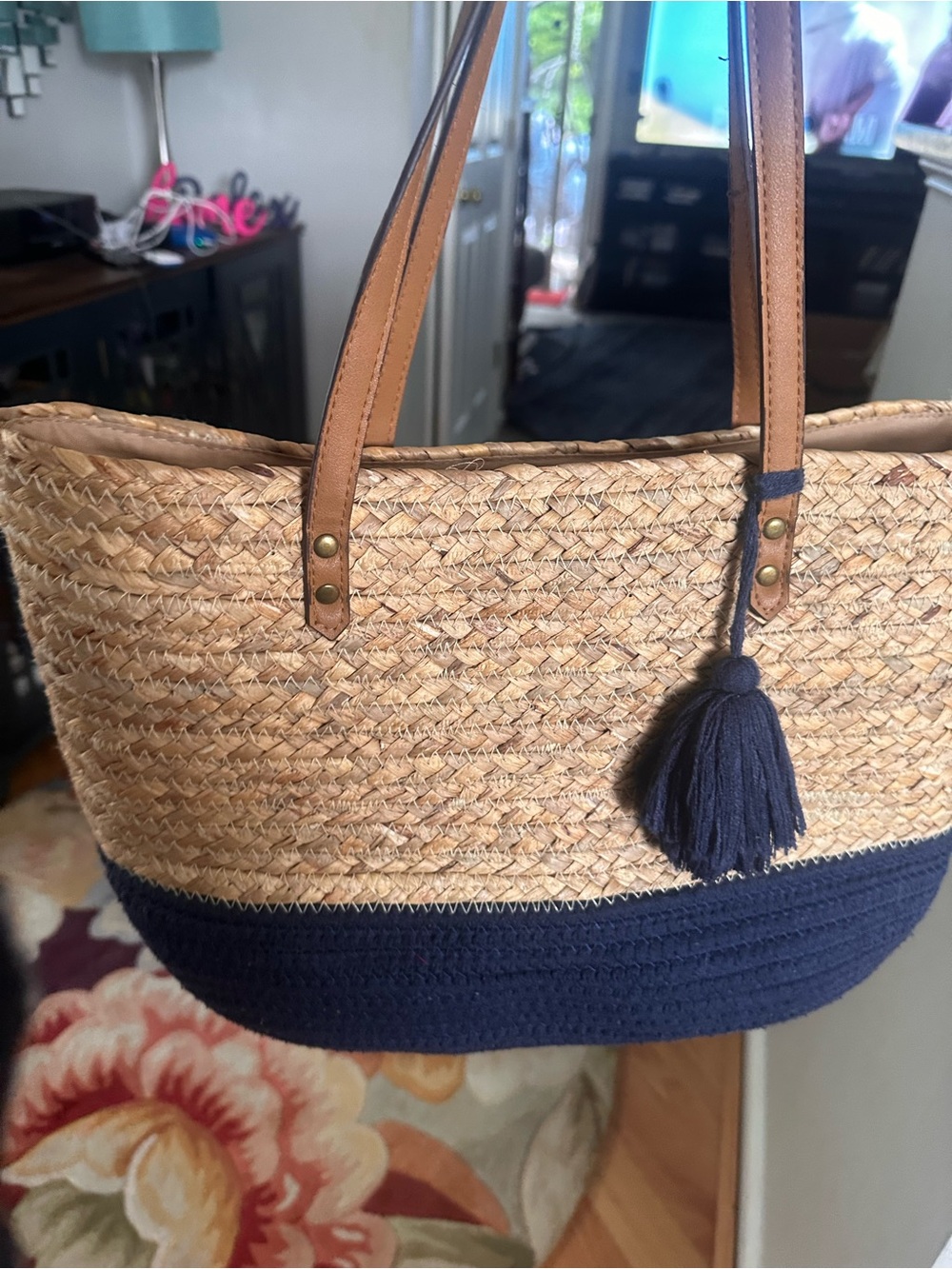 Neutral Straw Tote with Navy Accent and Tassel